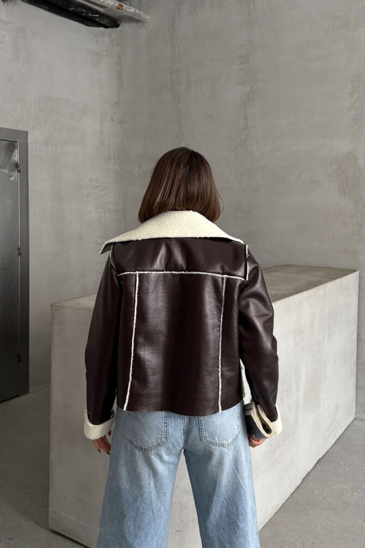 CoffeeLaminated Leather Zippered Coat