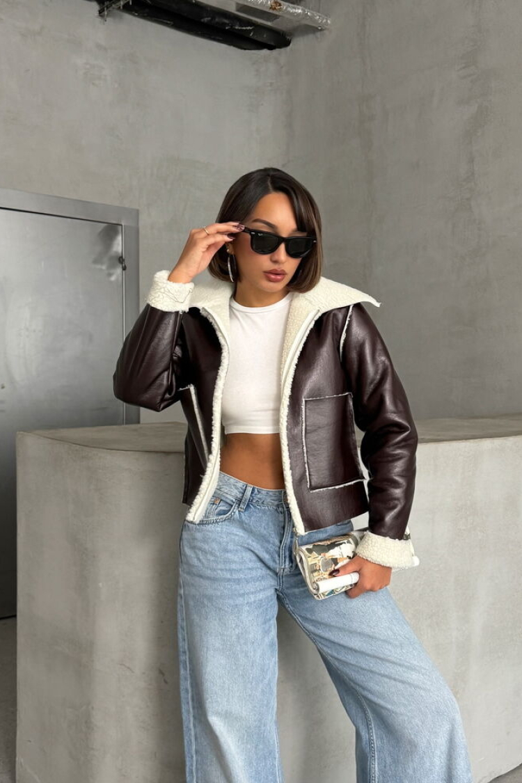 CoffeeLaminated Leather Zippered Coat