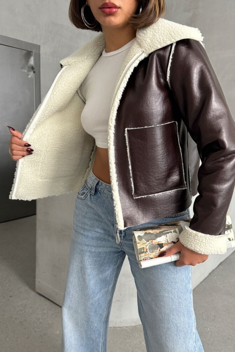 CoffeeLaminated Leather Zippered Coat