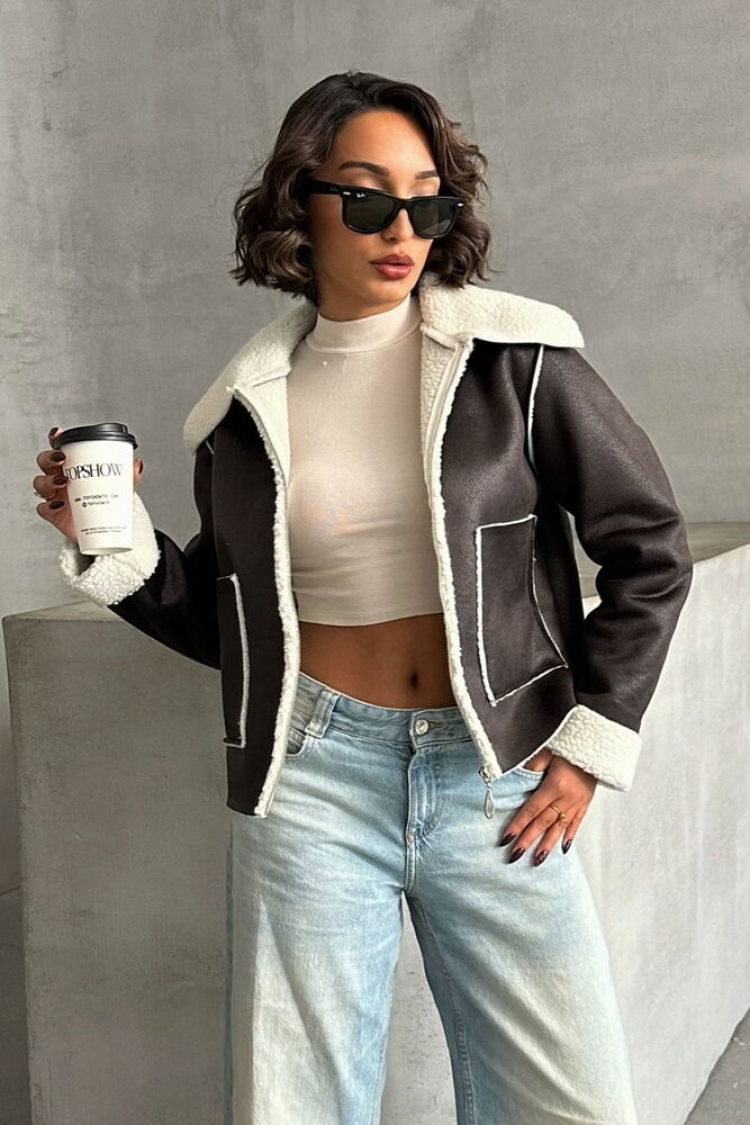 Cream F1856 Suede Plush Coat - Topshow - Globality Store - Women Clothes Wholesale Turkey