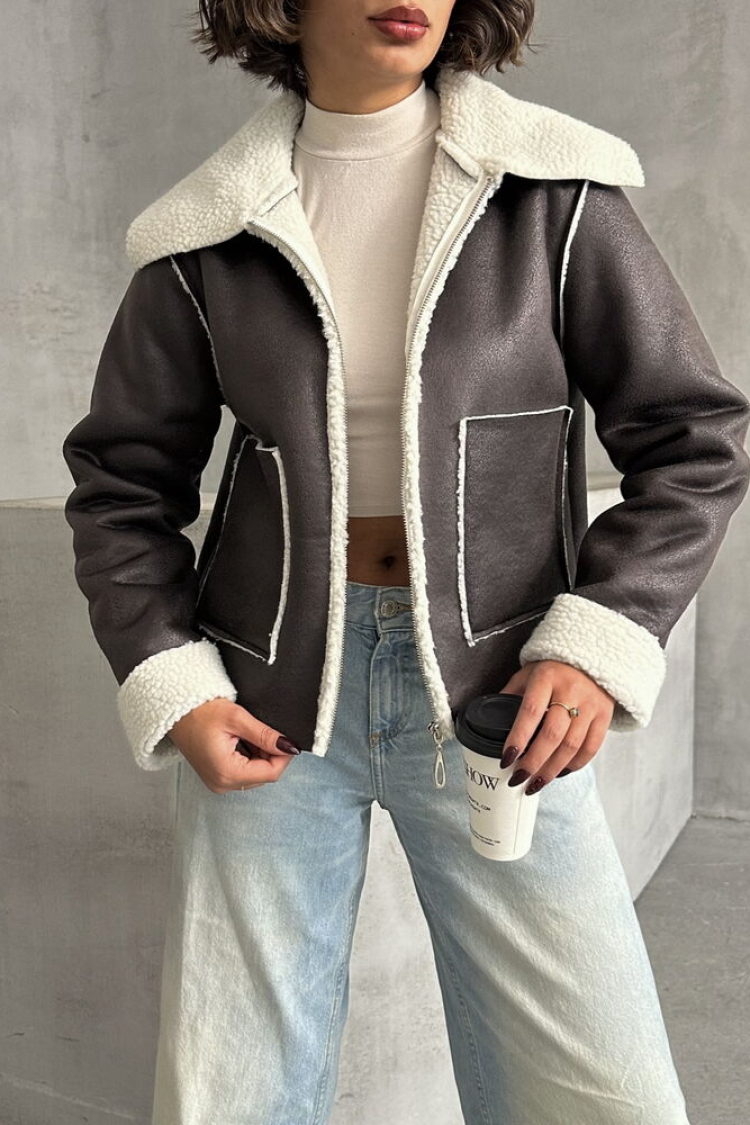 Cream F1856 Suede Plush Coat