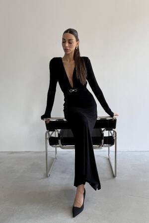 Deep V Neck Maxi Dress - Black - Cream Rouge - Globality Store - Women Clothes Wholesale Turkey
