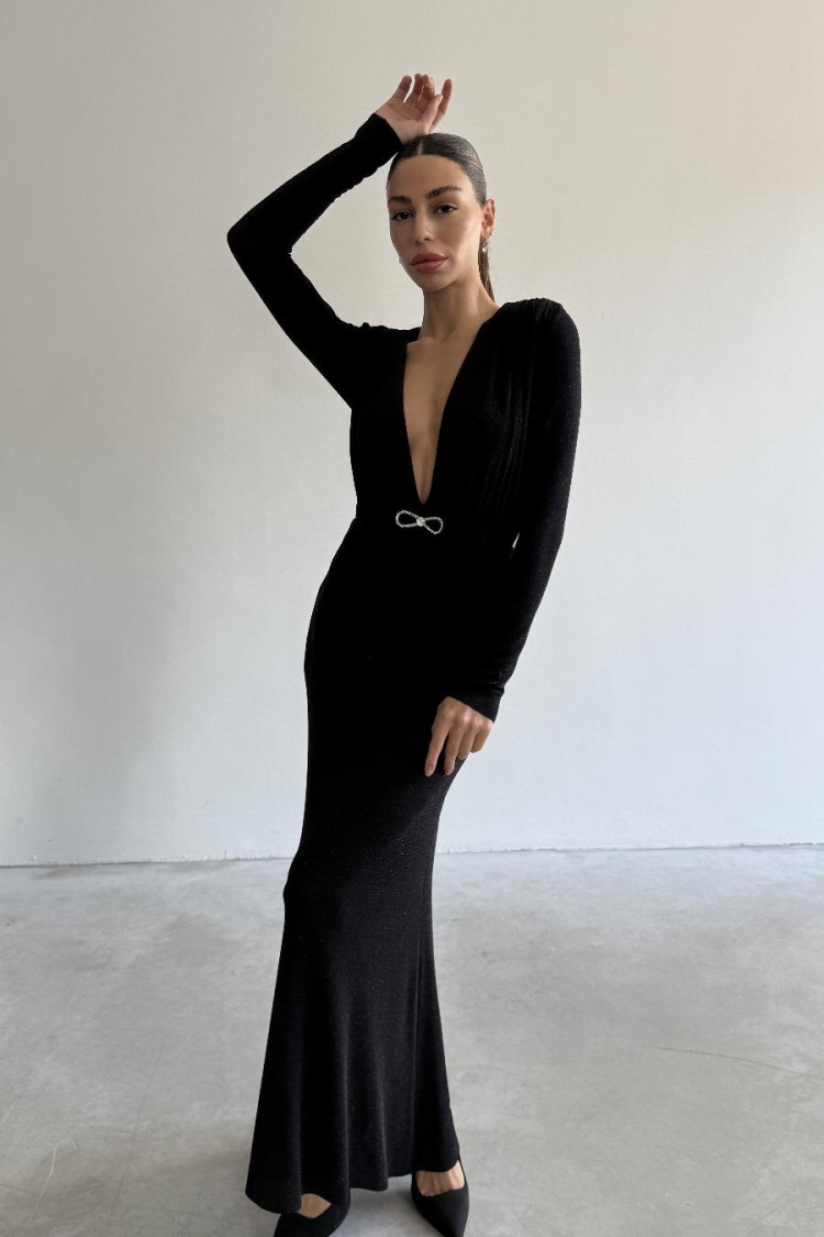 Deep V Neck Maxi Dress - Black