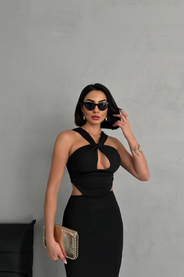 Low Cut Maxi Dress With Chest Detail - Mode Roy - Globality Store - Women Clothes Wholesale Turkey