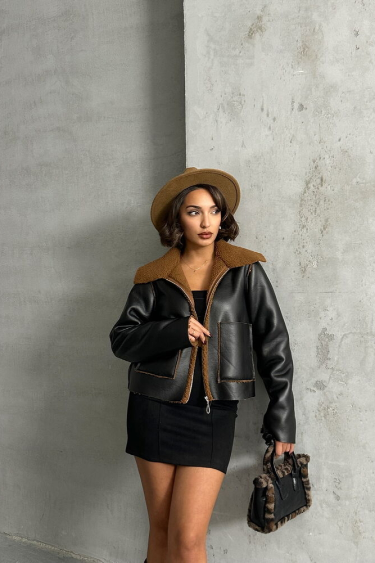 Brown Laminated Leather Zippered Wholesale Coat