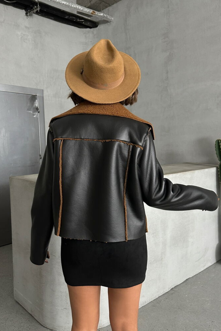 Brown Laminated Leather Zippered Wholesale Coat