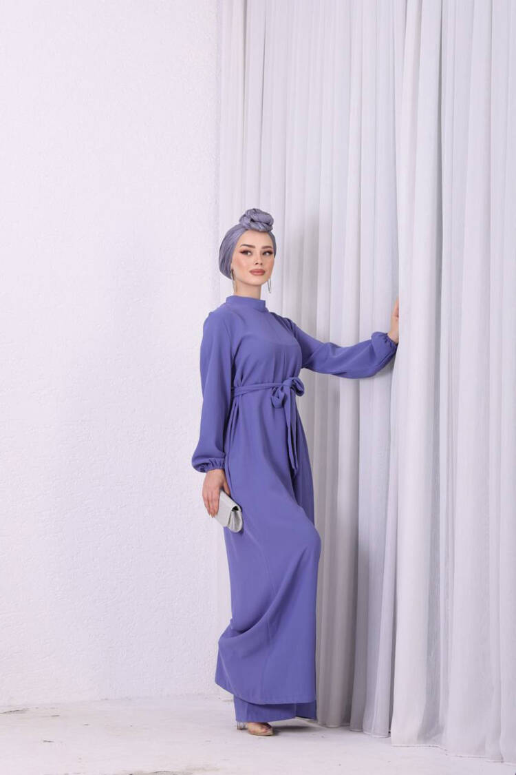 Blue Belted Rose Detailed Casual Jumpsuit - Lilac