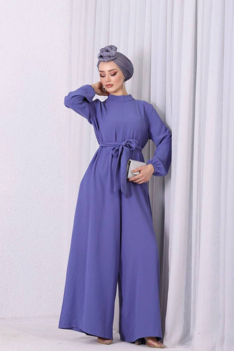 Blue Belted Rose Detailed Casual Jumpsuit - Lilac - Mode Roy - Globality Store - Women Clothes Wholesale Turkey