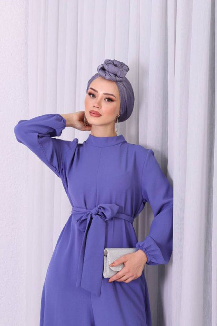 Blue Belted Rose Detailed Casual Jumpsuit - Lilac