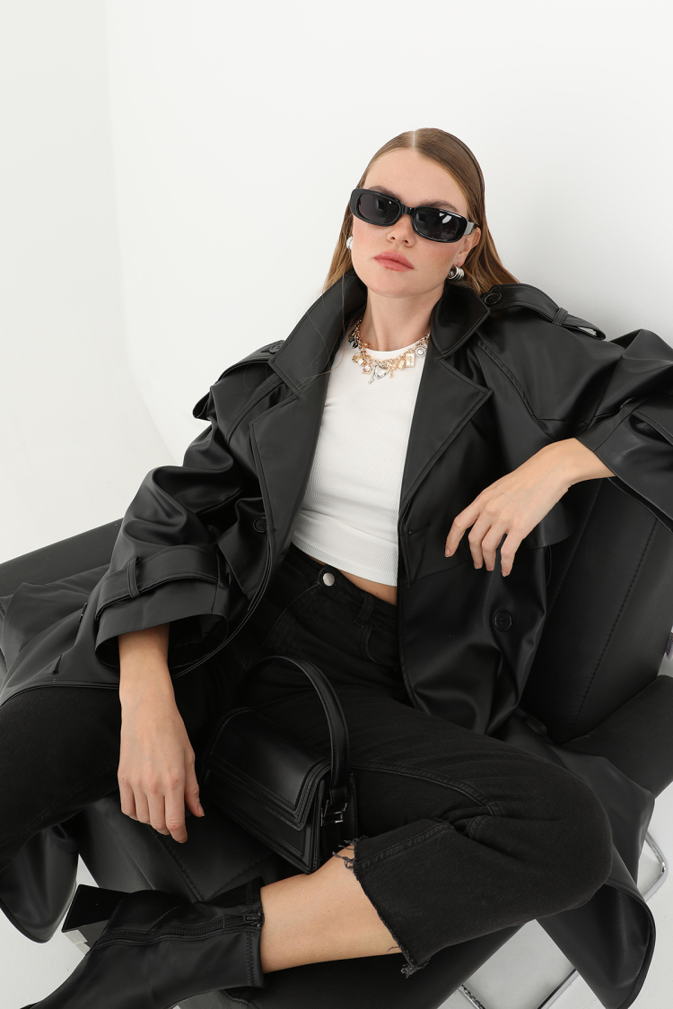 Women's Leather Long Trench