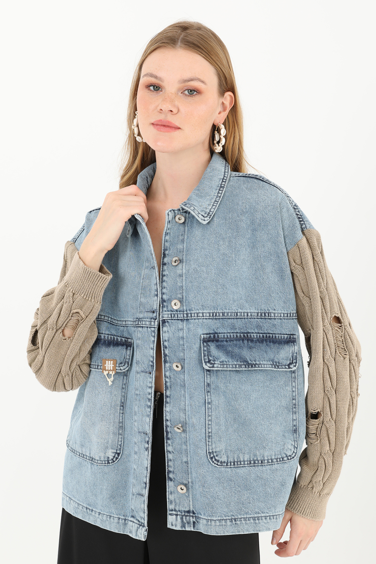 Women's Knitted Sleeve Detailed Denim Jacket