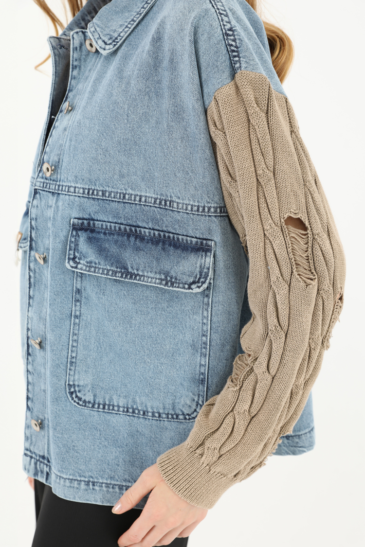 Women's Knitted Sleeve Detailed Denim Jacket