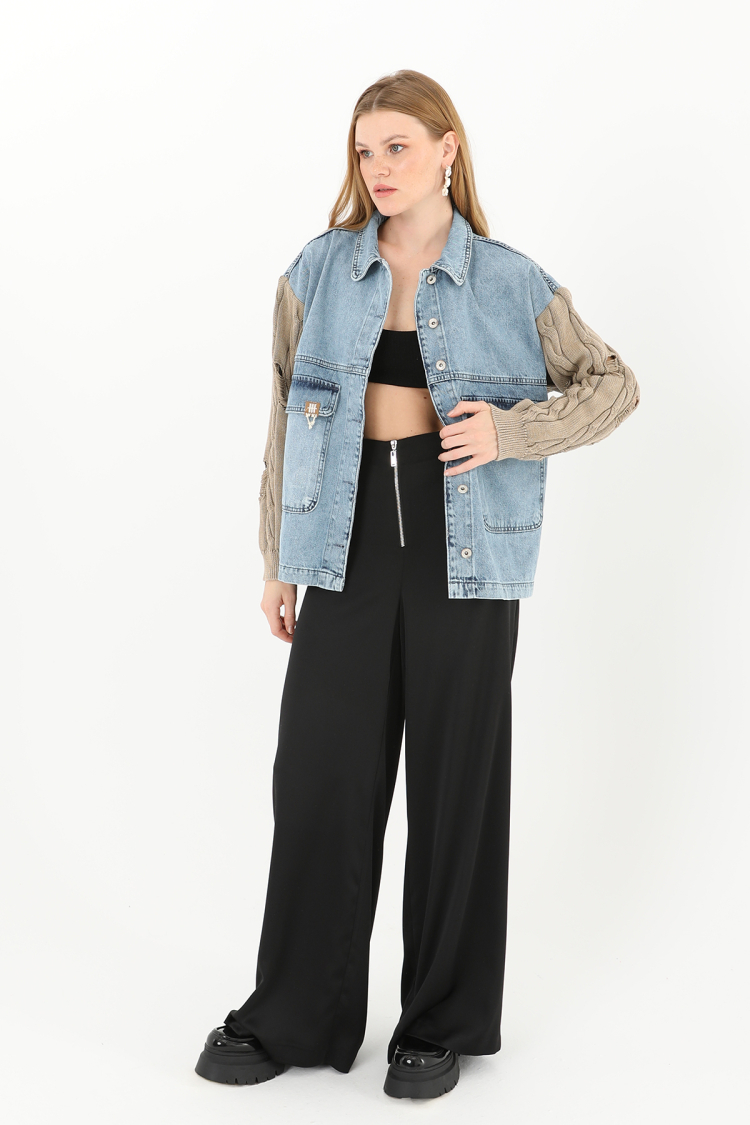 Women's Knitted Sleeve Detailed Denim Jacket - SOUL - Globality Store - Women Clothes Wholesale Turkey