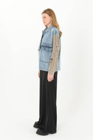Women's Knitted Sleeve Detailed Denim Jacket - SOUL - Globality Store - Women Clothes Wholesale Turkey