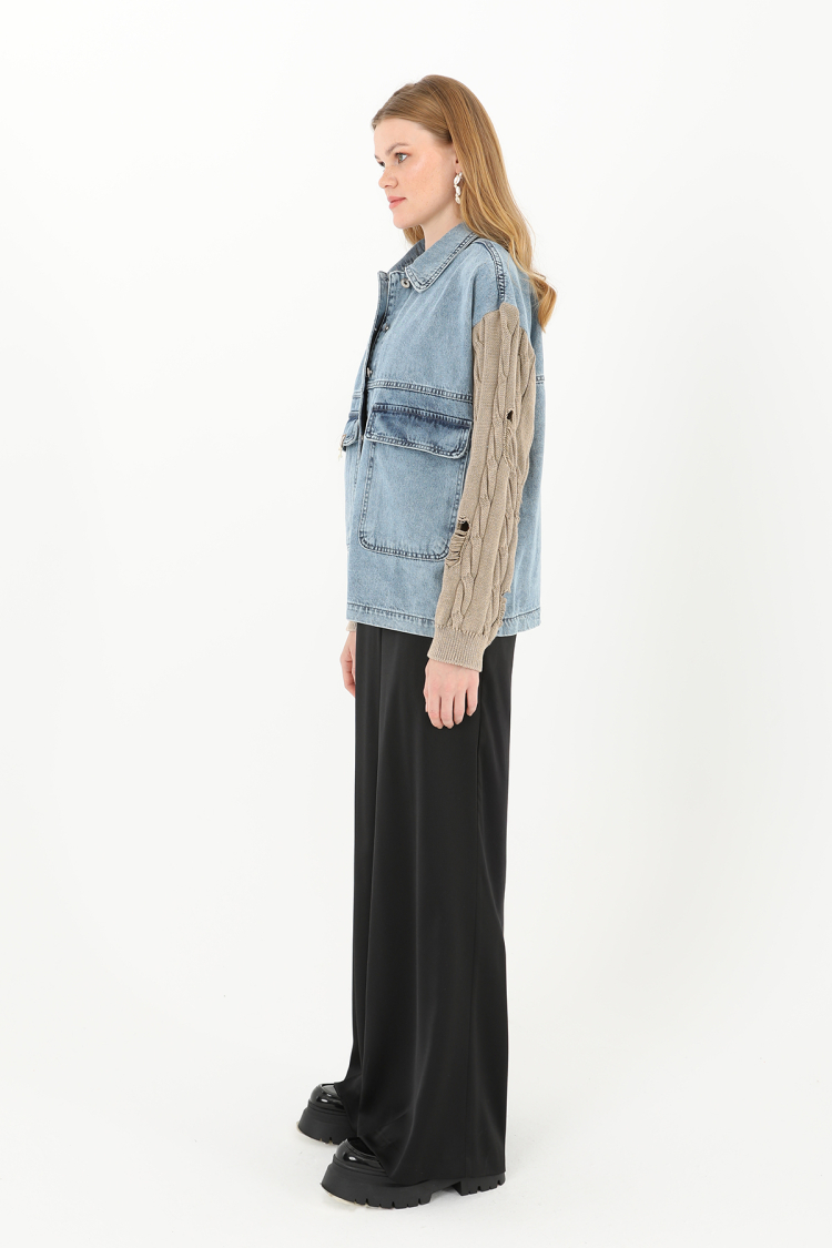 Women's Knitted Sleeve Detailed Denim Jacket