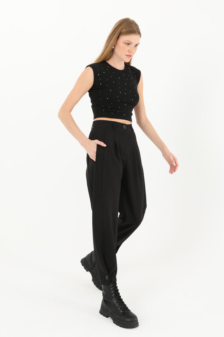Women's Pleated Front Buttoned Leg Trousers - Puane - Globality Store - Women Clothes Wholesale Turkey