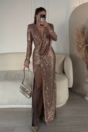 Deep V Neck Slit Dress - Cream Rouge - Globality Store - Women Clothes Wholesale Turkey