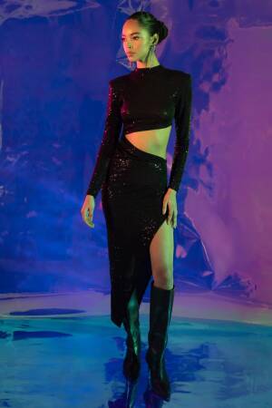 Sequined Deep Slit And Low Waist Midi Dress - BSL - Globality Store - Women Clothes Wholesale Turkey