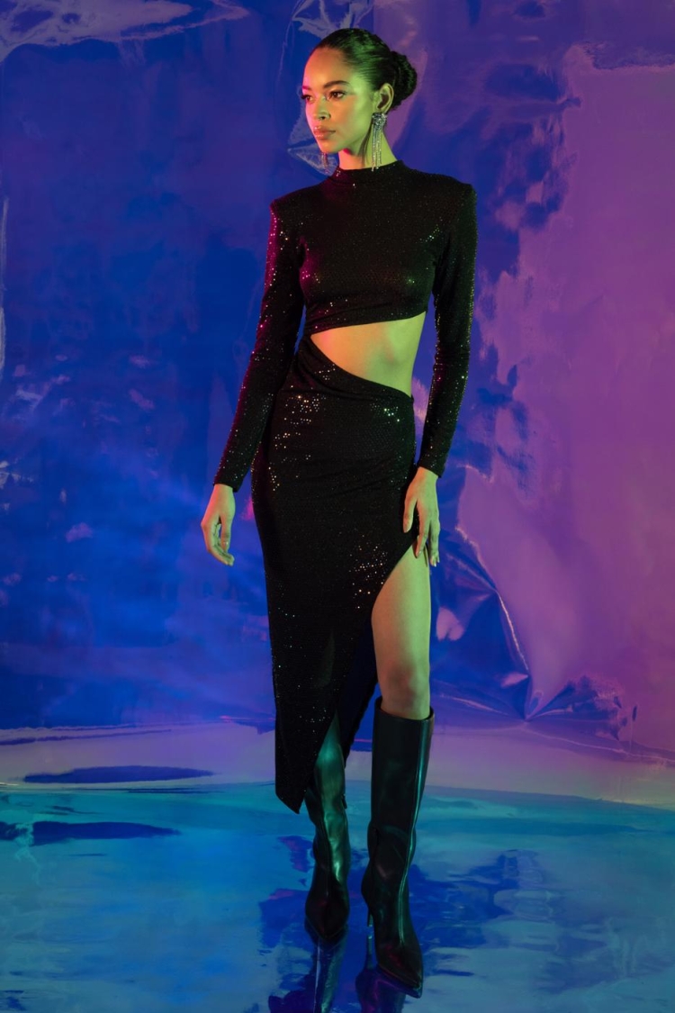 Sequined Deep Slit And Low Waist Midi Dress