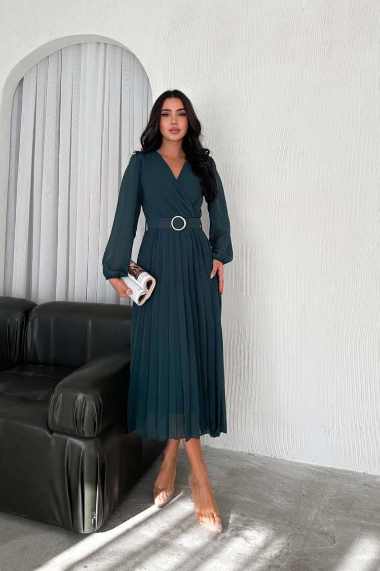 Emerald Pleated Belted Chiffon Dress - Green
