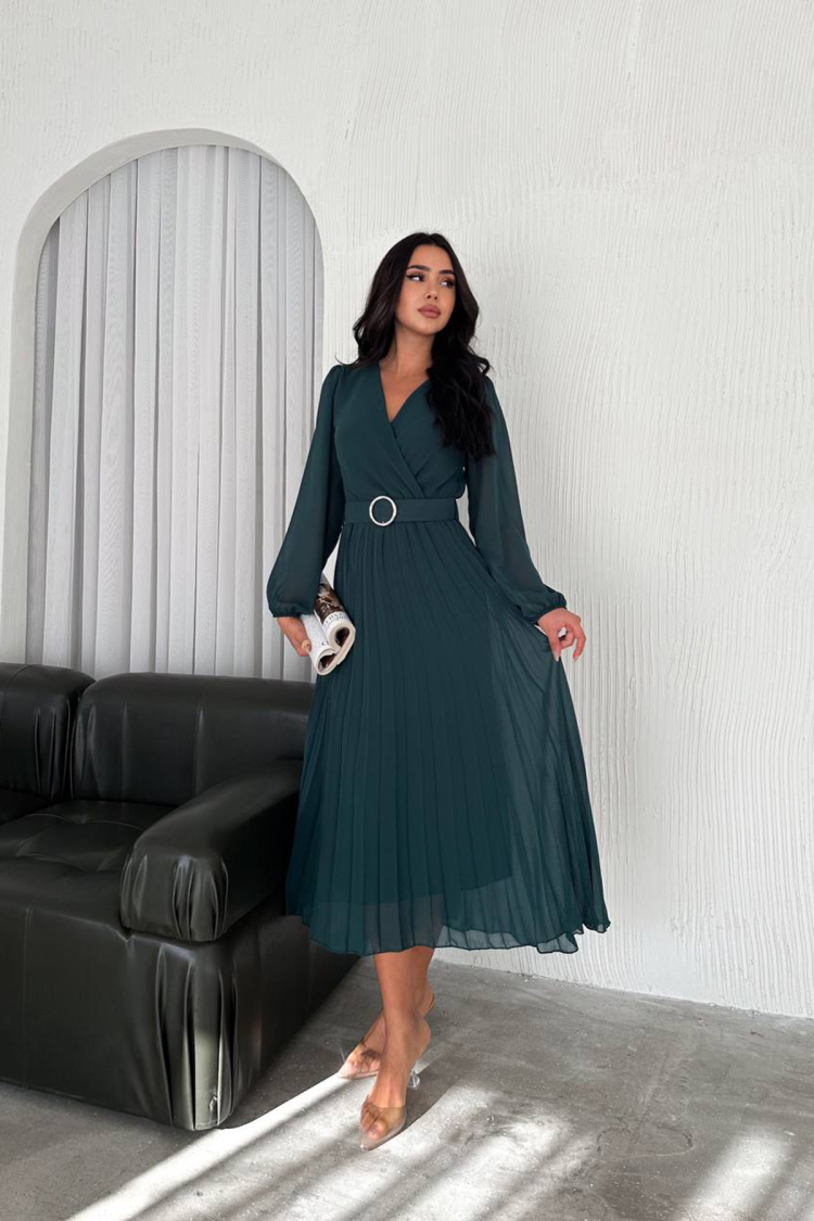 Emerald Pleated Belted Chiffon Dress - Green - Mode Roy - Globality Store - Women Clothes Wholesale Turkey