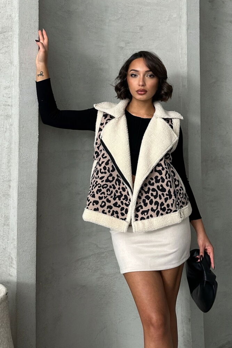StoneLeopard Pattern Plush Wholesale Vest - Topshow - Globality Store - Women Clothes Wholesale Turkey