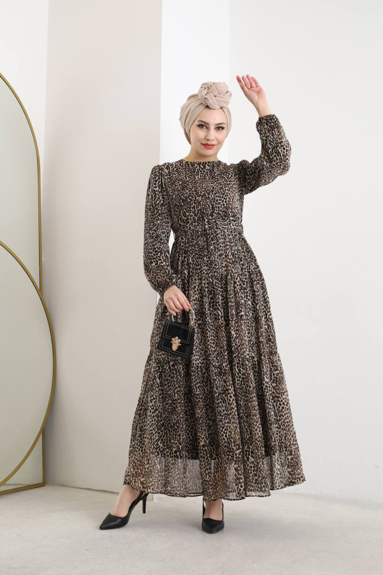 Chiffon Leopard Patterned Lined Hijab Dress - Black