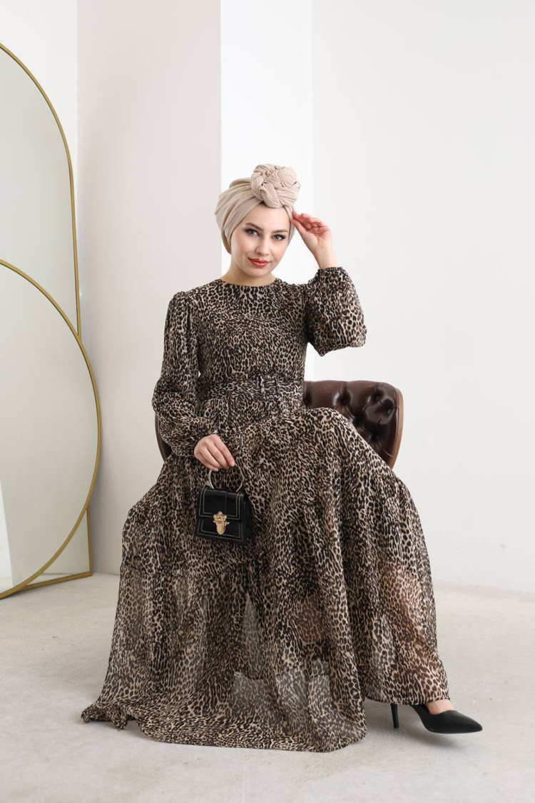 Chiffon Leopard Patterned Lined Hijab Dress - Black