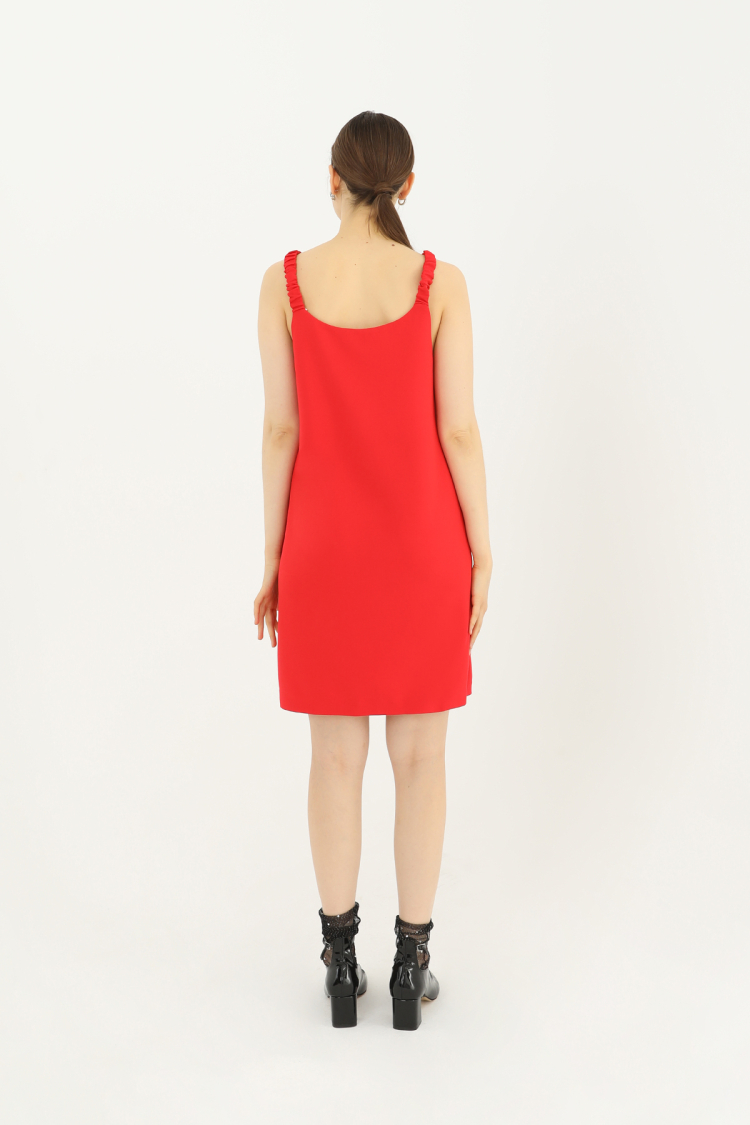 Short Dress With Pleated Strap Detail - Coral