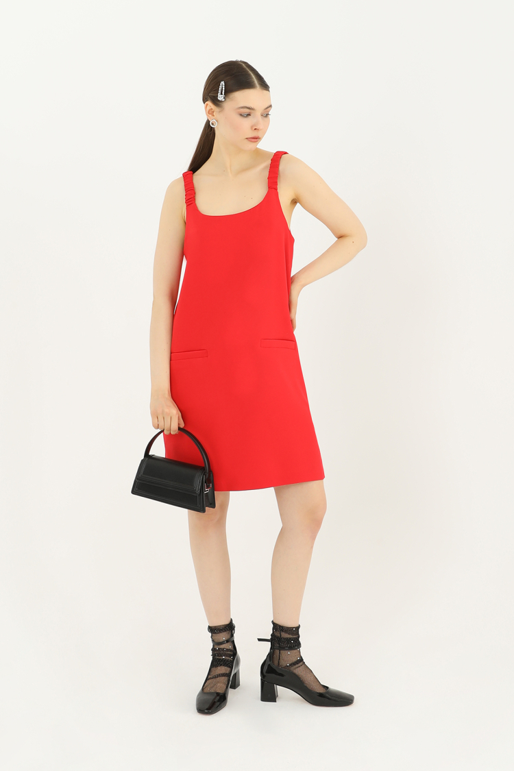 Short Dress With Pleated Strap Detail - Coral