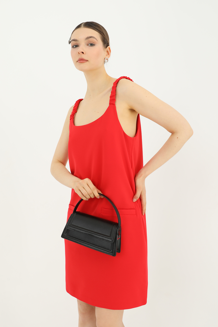 Short Dress With Pleated Strap Detail - Coral