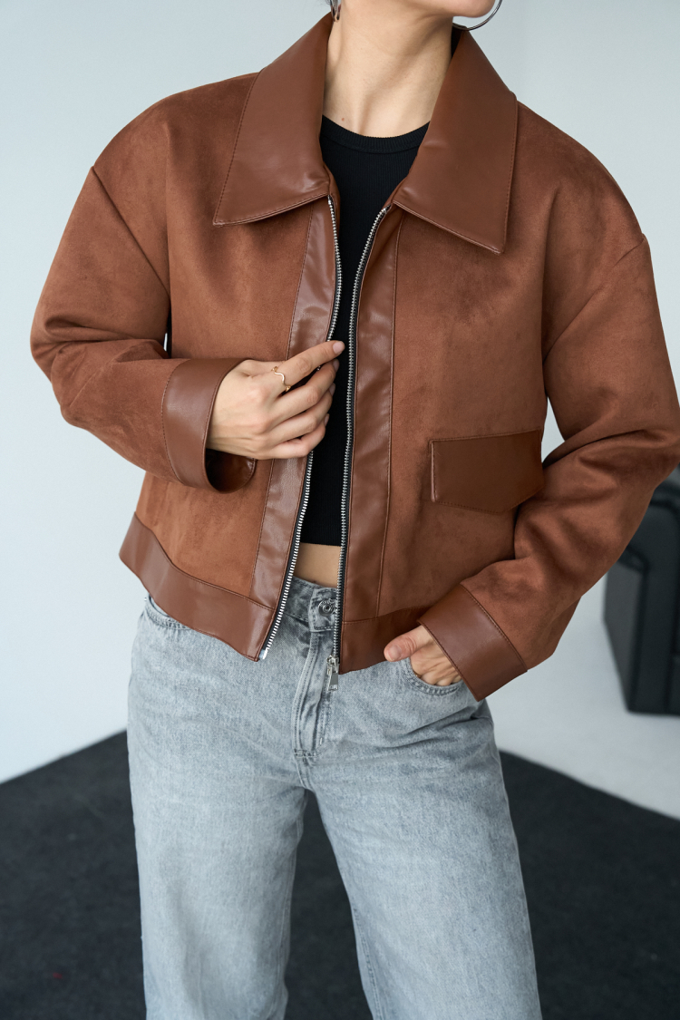 Long Sleeve Leather Jacket - Brown