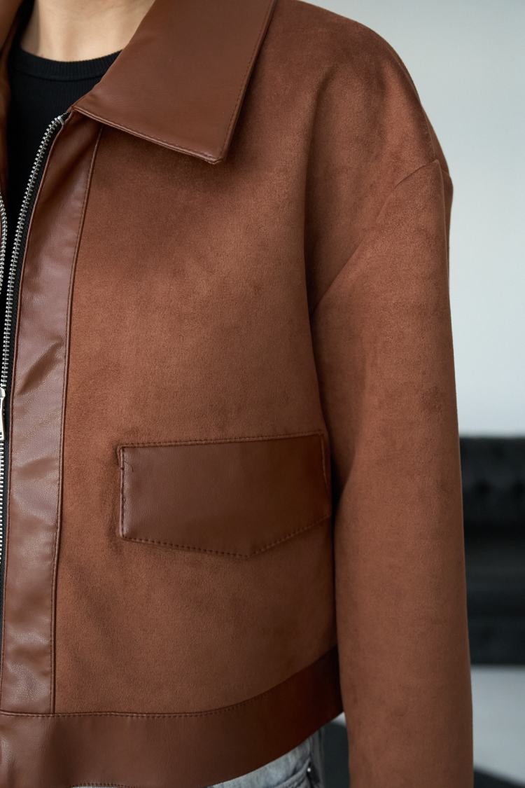 Long Sleeve Leather Jacket - Brown