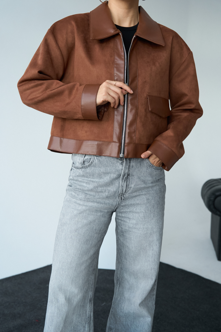 Long Sleeve Leather Jacket - Brown