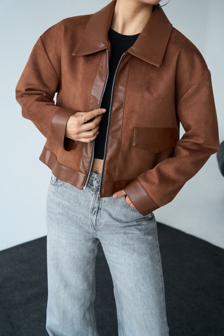 Long Sleeve Leather Jacket - Brown