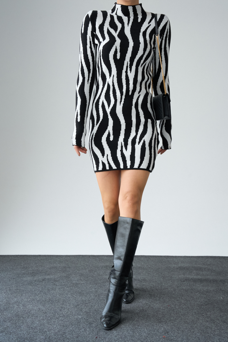 Zebra Pattern Dress - Black-Bone