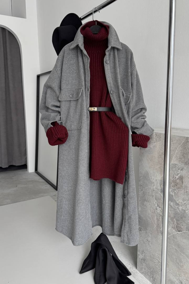 Long Stamp - Gray - Cream Rouge - Globality Store - Women Clothes Wholesale Turkey