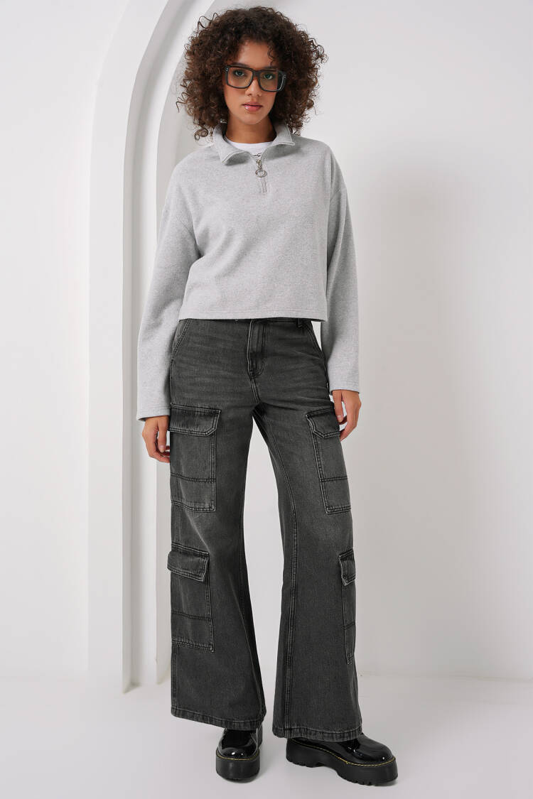 Zipper Collar Knitted Sweatshirt - Gray