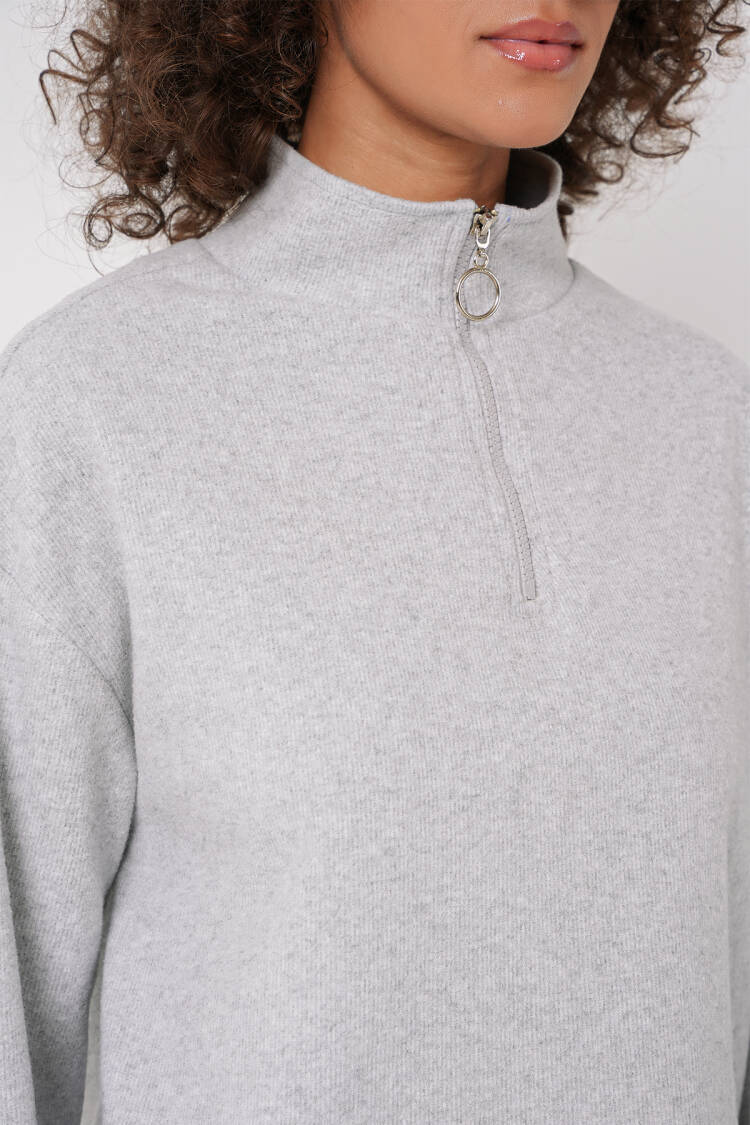 Zipper Collar Knitted Sweatshirt - Gray