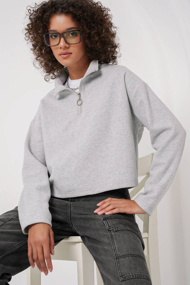 Zipper Collar Knitted Sweatshirt - Gray - Brand: Bigdart - Women's Clothing Wholesale - Globality Store