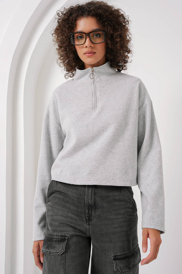 Zipper Collar Knitted Sweatshirt - Gray