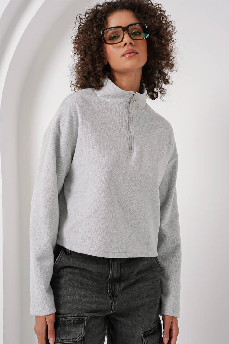 Zipper Collar Knitted Sweatshirt - Gray
