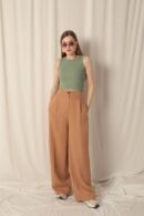 Atlas Fabric Palazzo Women's Tan Trousers - Maxi Modena - Globality Store - Women Clothes Wholesale Turkey