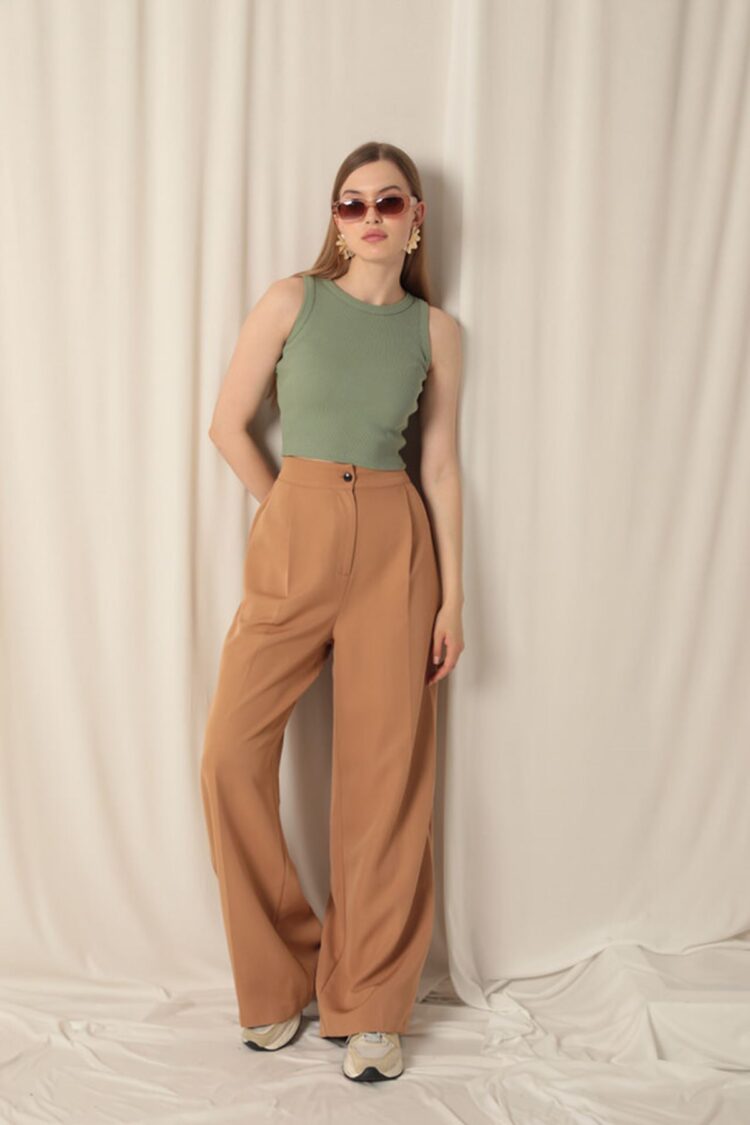 Atlas Fabric Palazzo Women's Tan Trousers - Maxi Modena - Globality Store - Women Clothes Wholesale Turkey