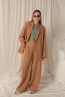 Atlas Fabric Palazzo Women's Tan Trousers - Maxi Modena - Globality Store - Women Clothes Wholesale Turkey