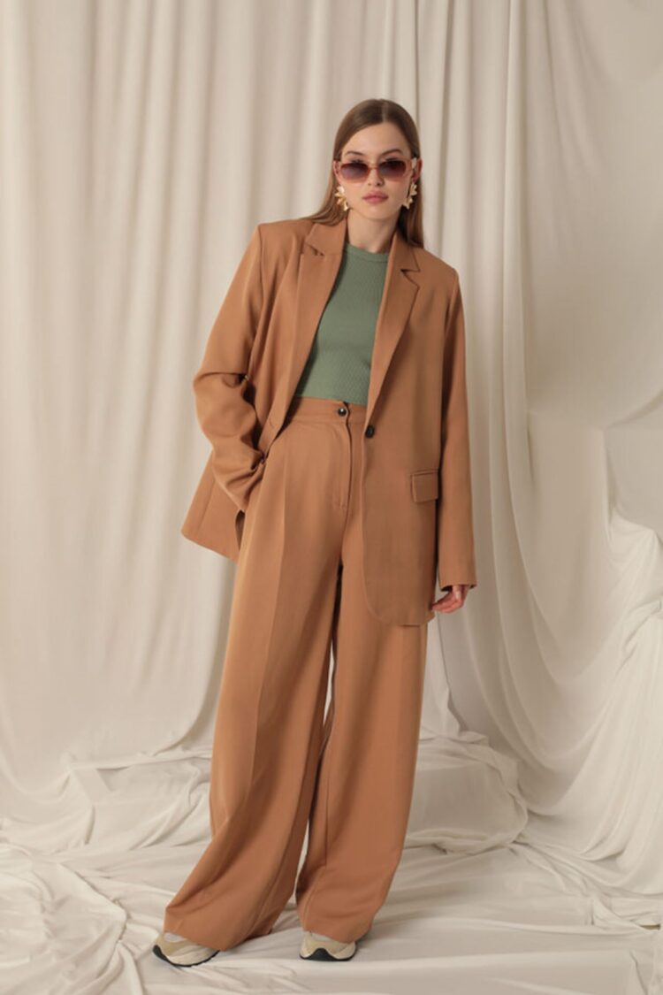 Atlas Fabric Palazzo Women's Tan Trousers