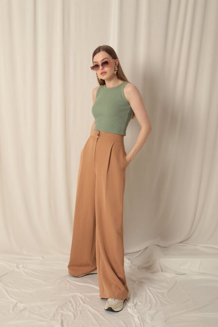 Atlas Fabric Palazzo Women's Tan Trousers