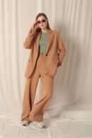 Atlas Fabric Palazzo Women's Tan Trousers - Maxi Modena - Globality Store - Women Clothes Wholesale Turkey