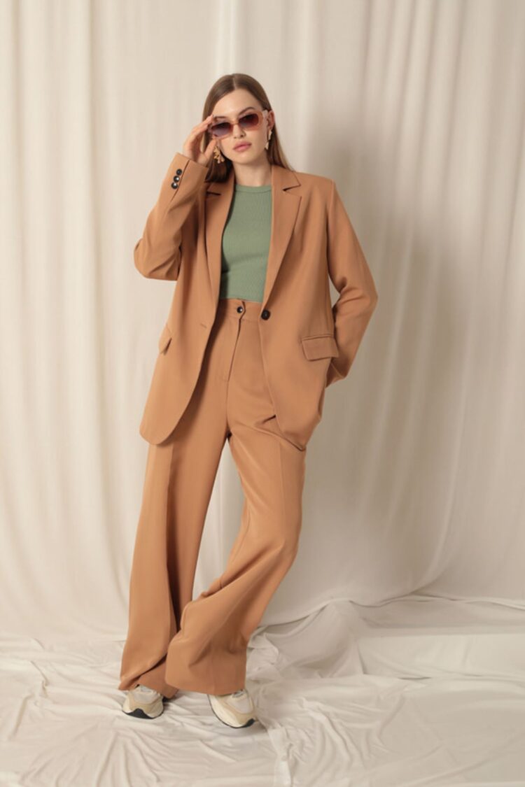 Atlas Fabric Palazzo Women's Tan Trousers