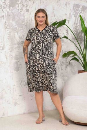 Stretch Fabric Patterned Plus Size Dress - Black - Mode Roy - Globality Store - Women Clothes Wholesale Turkey
